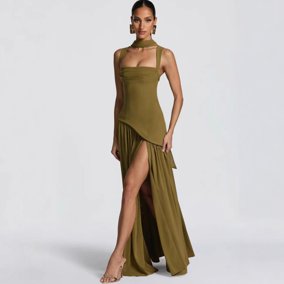 Fitted-waist pleated maxi dress