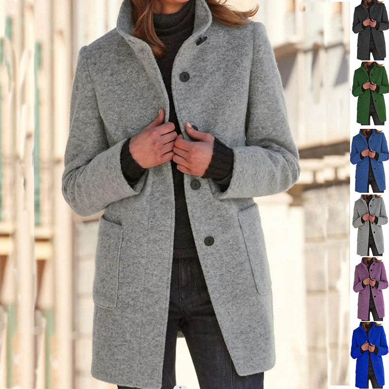 Stand-Collar Button Coat with Pockets