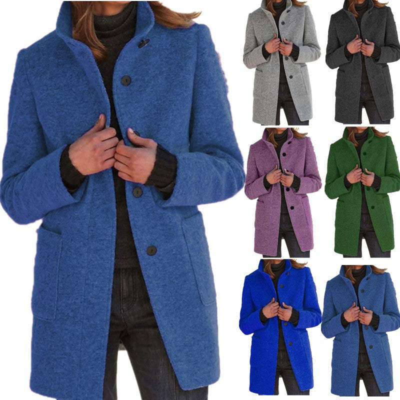 Stand-Collar Button Coat with Pockets