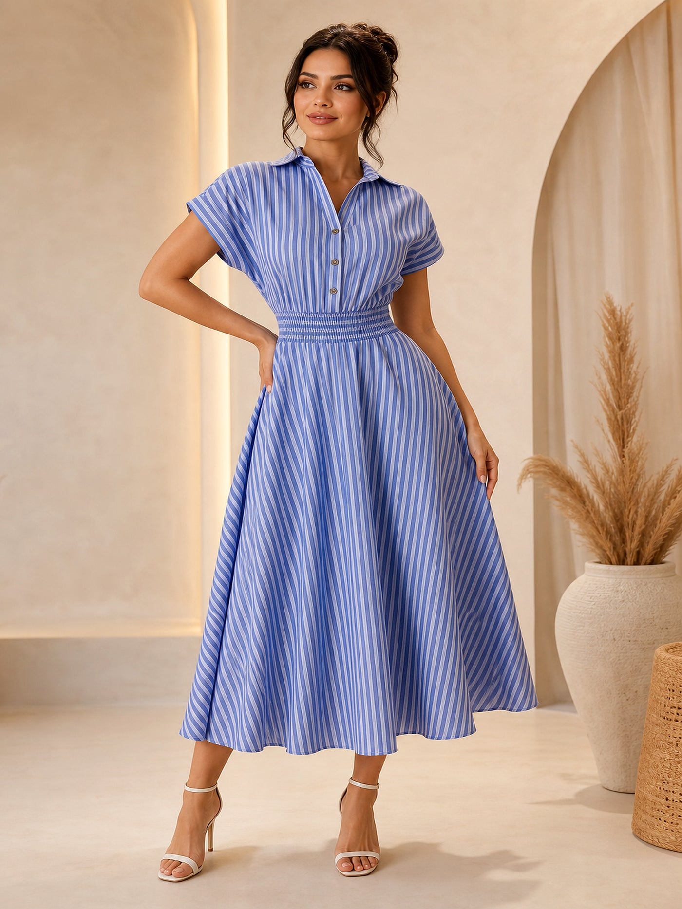 StripeEase™ Defined-Waist Shirt Dress