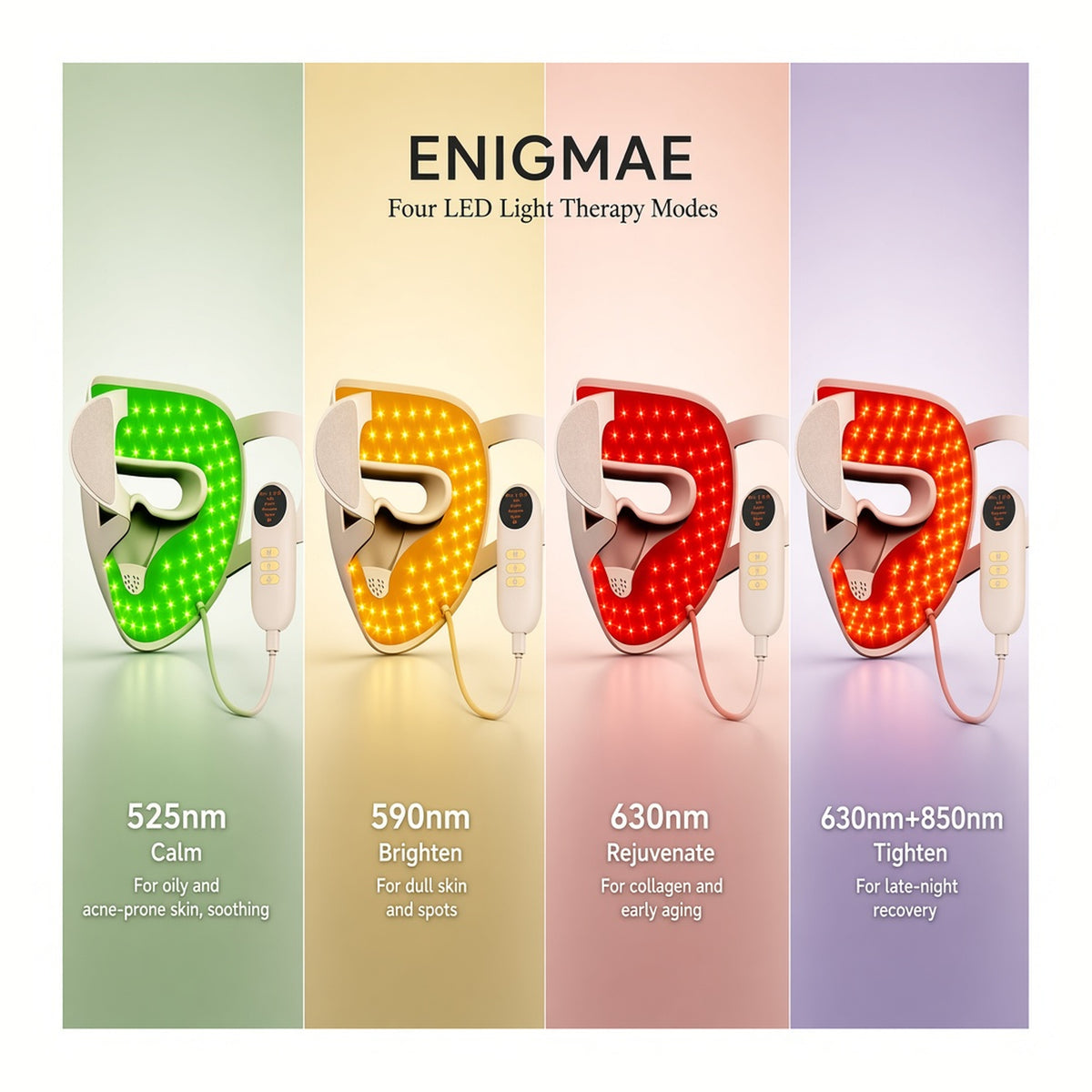 ENIGMAE four LED therapy modes — calm, brighten, rejuvenate, tighten