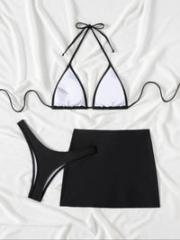 Three-Piece Set Women'S Starfish Decor Spaghetti Strap Triangle Bikini Set, Stretchy Swimsuit Bikini, Solid Swimsuit Set, Skirt Style Swimsuits, Bikini Outfits, Skirted Bathing Suits, Swimwear Set for Beach Holiday Vacation