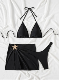 Three-Piece Set Women'S Starfish Decor Spaghetti Strap Triangle Bikini Set, Stretchy Swimsuit Bikini, Solid Swimsuit Set, Skirt Style Swimsuits, Bikini Outfits, Skirted Bathing Suits, Swimwear Set for Beach Holiday Vacation