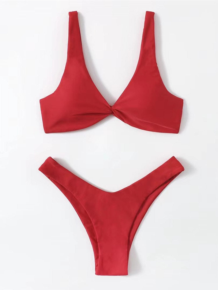 Solid Color Knotted Strap Bikini Swimsuit