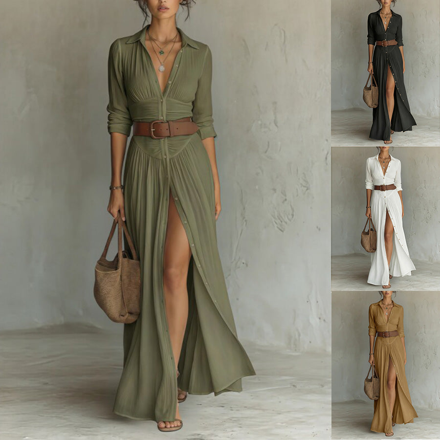Belted Button-Down Maxi Shirt Dress