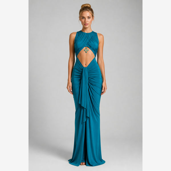 Sexy Hot Girl Party Dresses Solid Color Hollow Out Folds Package Hip Slim Sleeveless Long Dress Lady Club Parties Prom Vestidos — blonde studio v2