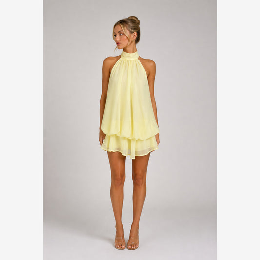 The Backless Halter Mini Dress — 4K hero