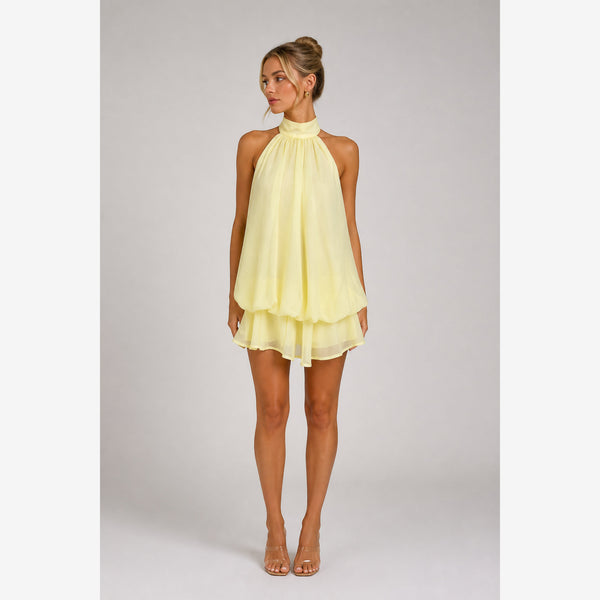 The Backless Halter Mini Dress — 4K hero