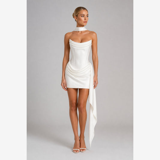 The Strapless Satin Corset Mini Dress — 4K hero