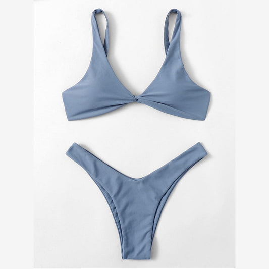 Solid Color Knotted Strap Bikini Swimsuit — 4K banner