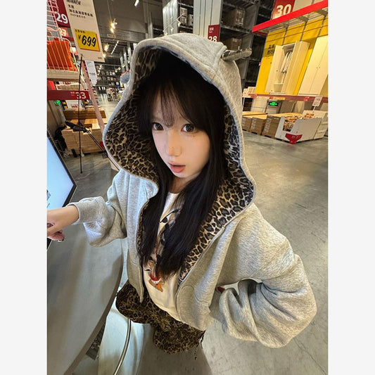 Leopard Hooded Cropped Cardigan Jacket — 4K banner