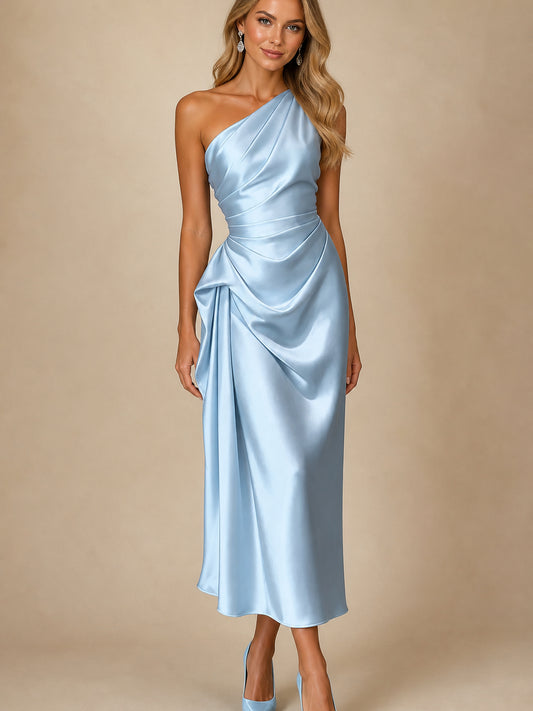 One-Shoulder Satin Ruched Midi Dress – Cocktail & Formal Dress — ENIGMAE studio hero