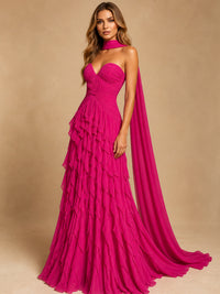 Tiered Ruffle Chiffon Ball Gown – Halter Sweetheart Prom Dress with Train — ENIGMAE studio hero