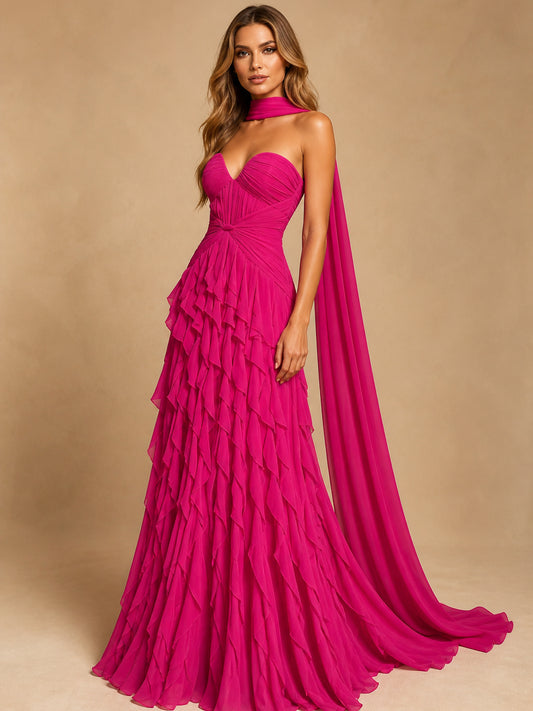Tiered Ruffle Chiffon Ball Gown – Halter Sweetheart Prom Dress with Train — ENIGMAE studio hero