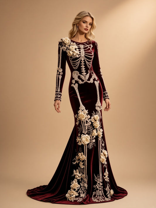 Skeleton Rose Embroidered Halloween Dress