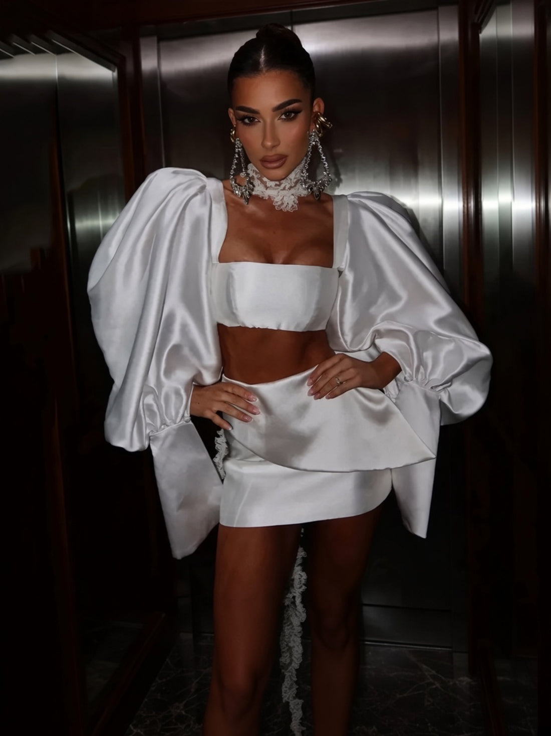 Satin Puff-Sleeve Party Dress