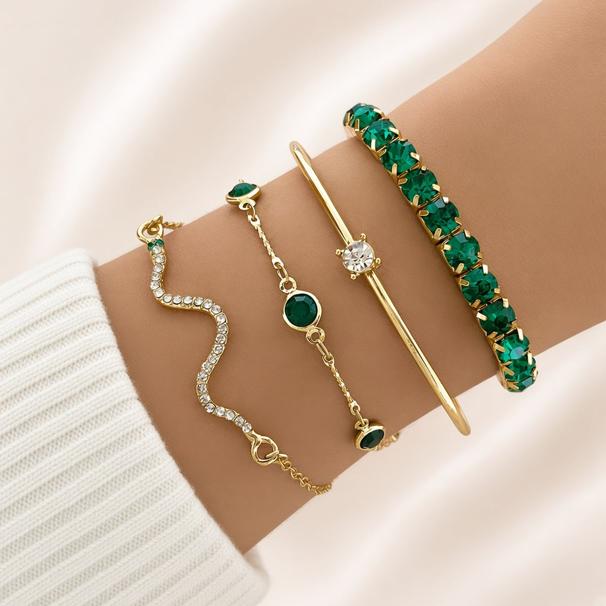Emerald Green & Gold 4-Piece Bracelet Set