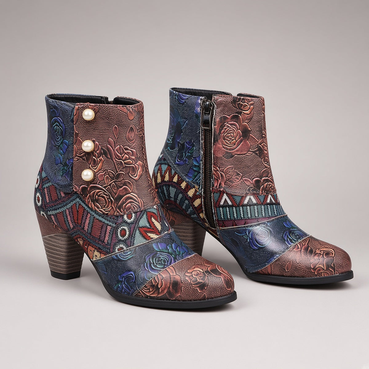 Bohemian Women's Ethnic Style Retro Stitching High-heeled Ankle Boots