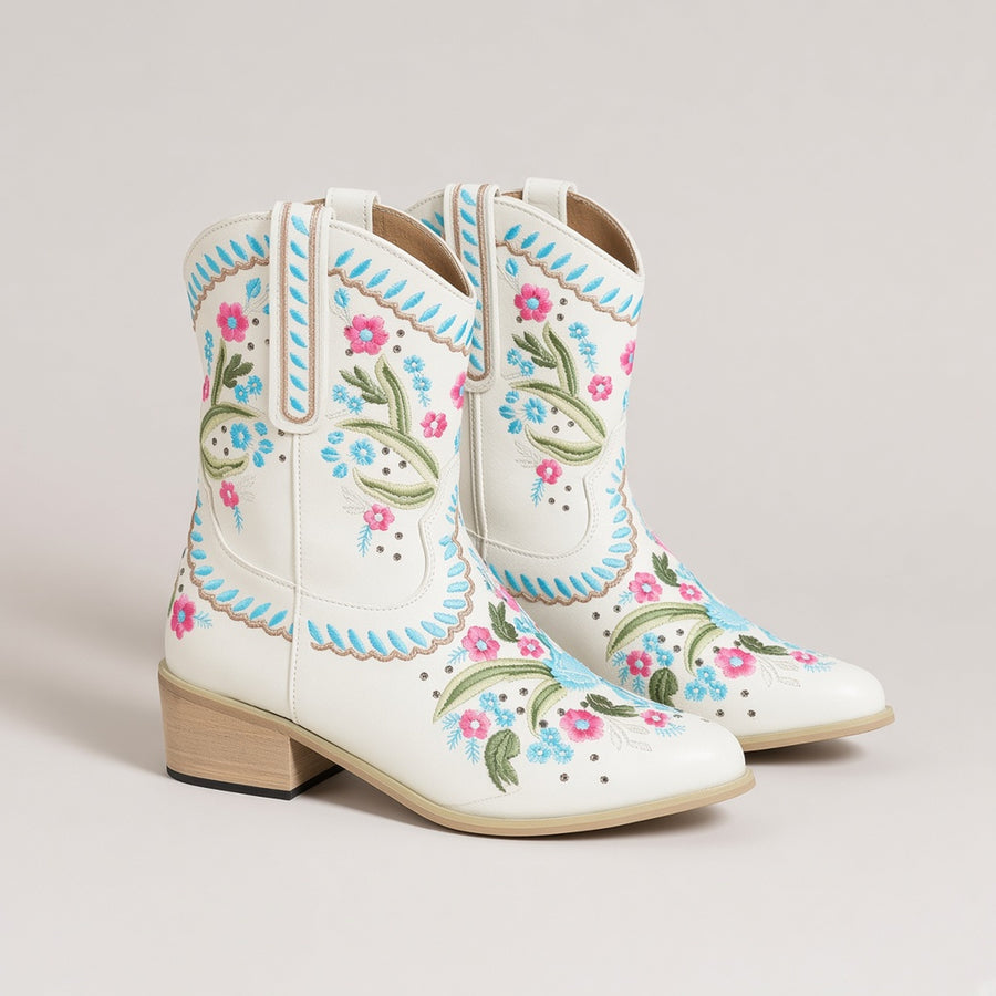 Ethnic Style Female Embroidered Flowers Mid-tube Western Boots
