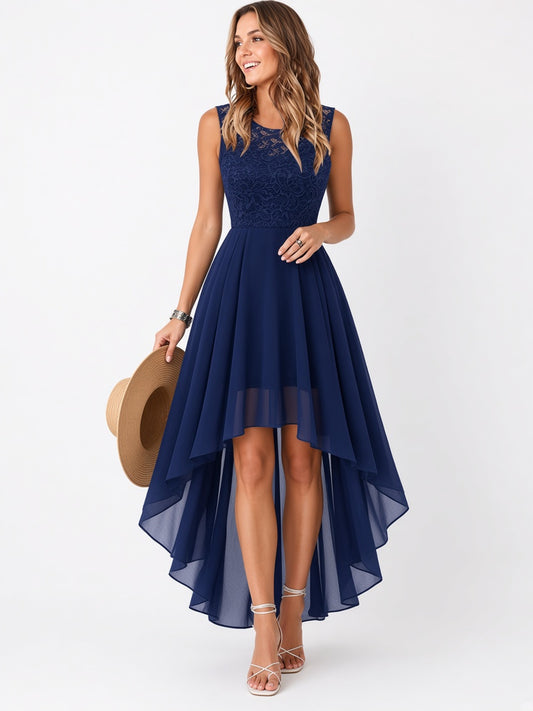 Lace Patchwork Chiffon High-Low Dress
