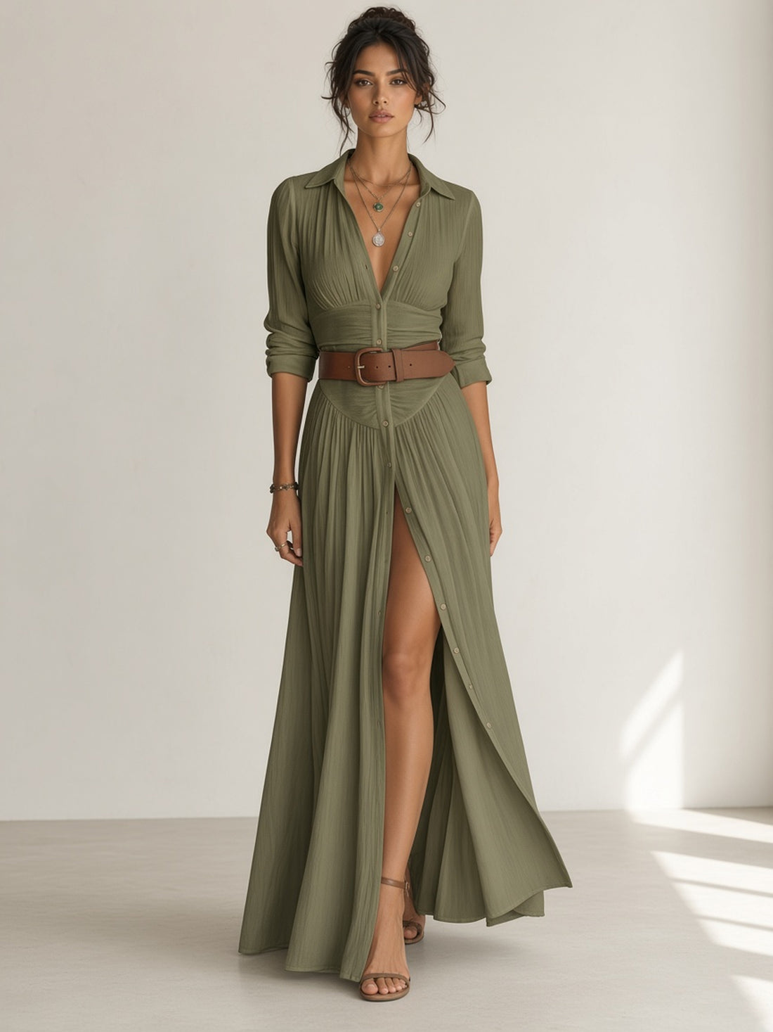 Belted Button-Down Maxi Shirt Dress
