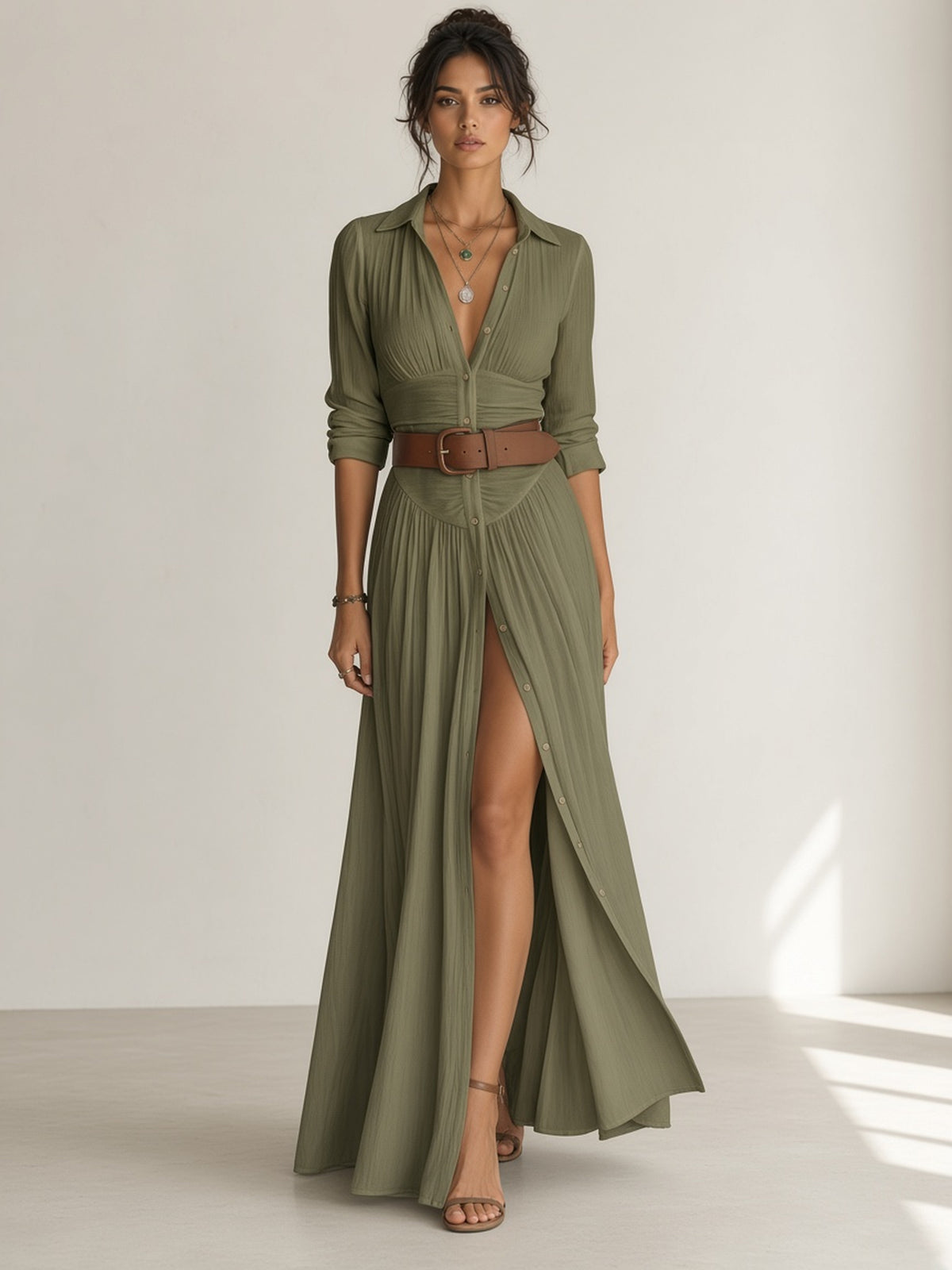 Belted Button-Down Maxi Shirt Dress