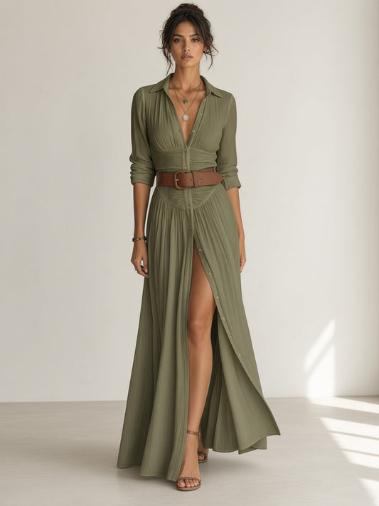 Belted Button-Down Maxi Shirt Dress