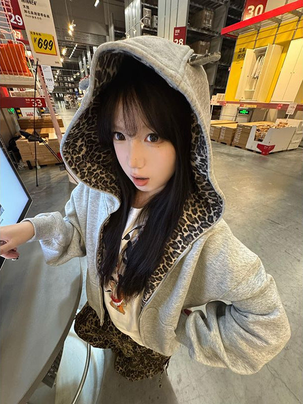 Leopard Hooded Cropped Cardigan Jacket