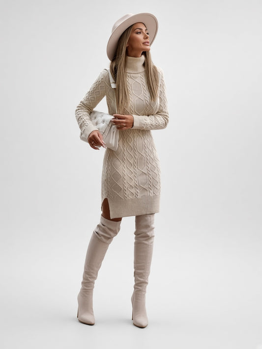 Fitted Turtleneck Sweater Dress with Slit