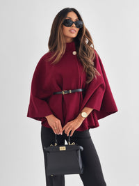 Belted Batwing Cape Coat with Stand Collar