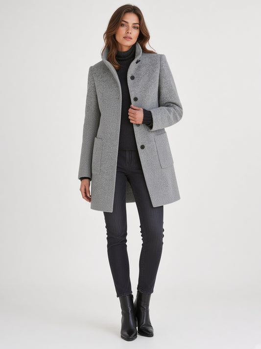 Stand-Collar Button Coat with Pockets