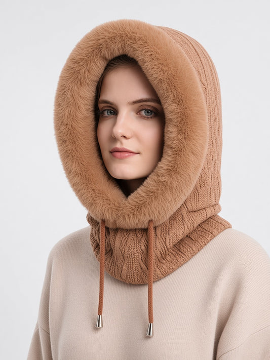 Hooded Knit Hat with Attached Scarf