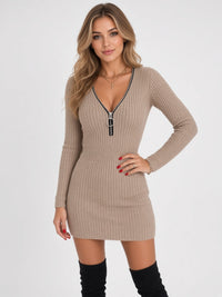 Zipper Long-Sleeve Knit Pencil Mini Dress