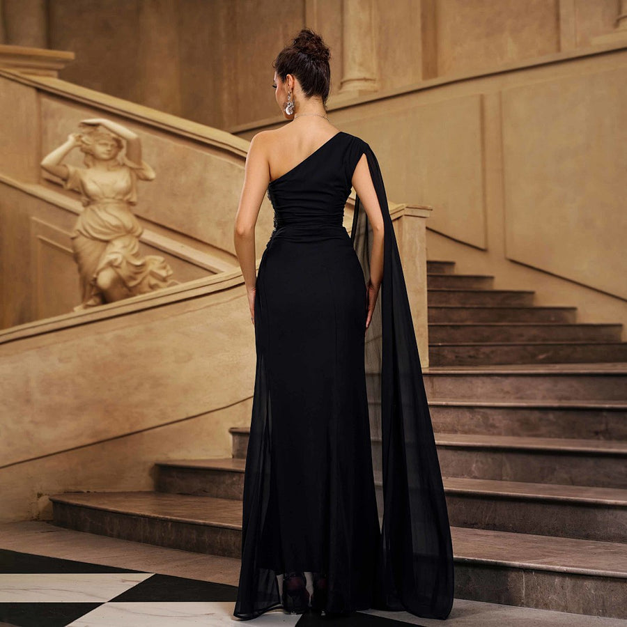 One-Shoulder Evening Gown With Beaded Embellishment