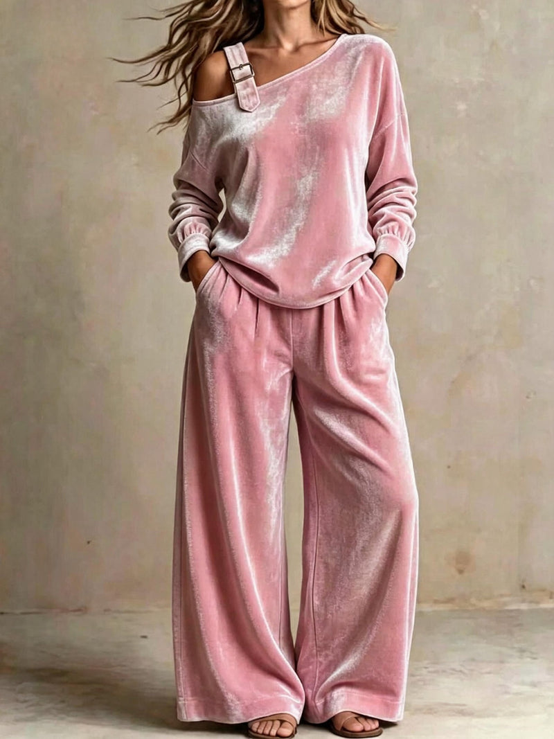 Off-shoulder Suit Women's Velvet Casual Two-Piece Set  Soft Comfortable Outfit Daily Clothing