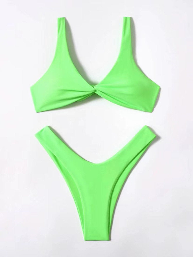 Solid Color Knotted Strap Bikini Swimsuit
