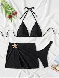 Three-Piece Set Women'S Starfish Decor Spaghetti Strap Triangle Bikini Set, Stretchy Swimsuit Bikini, Solid Swimsuit Set, Skirt Style Swimsuits, Bikini Outfits, Skirted Bathing Suits, Swimwear Set for Beach Holiday Vacation