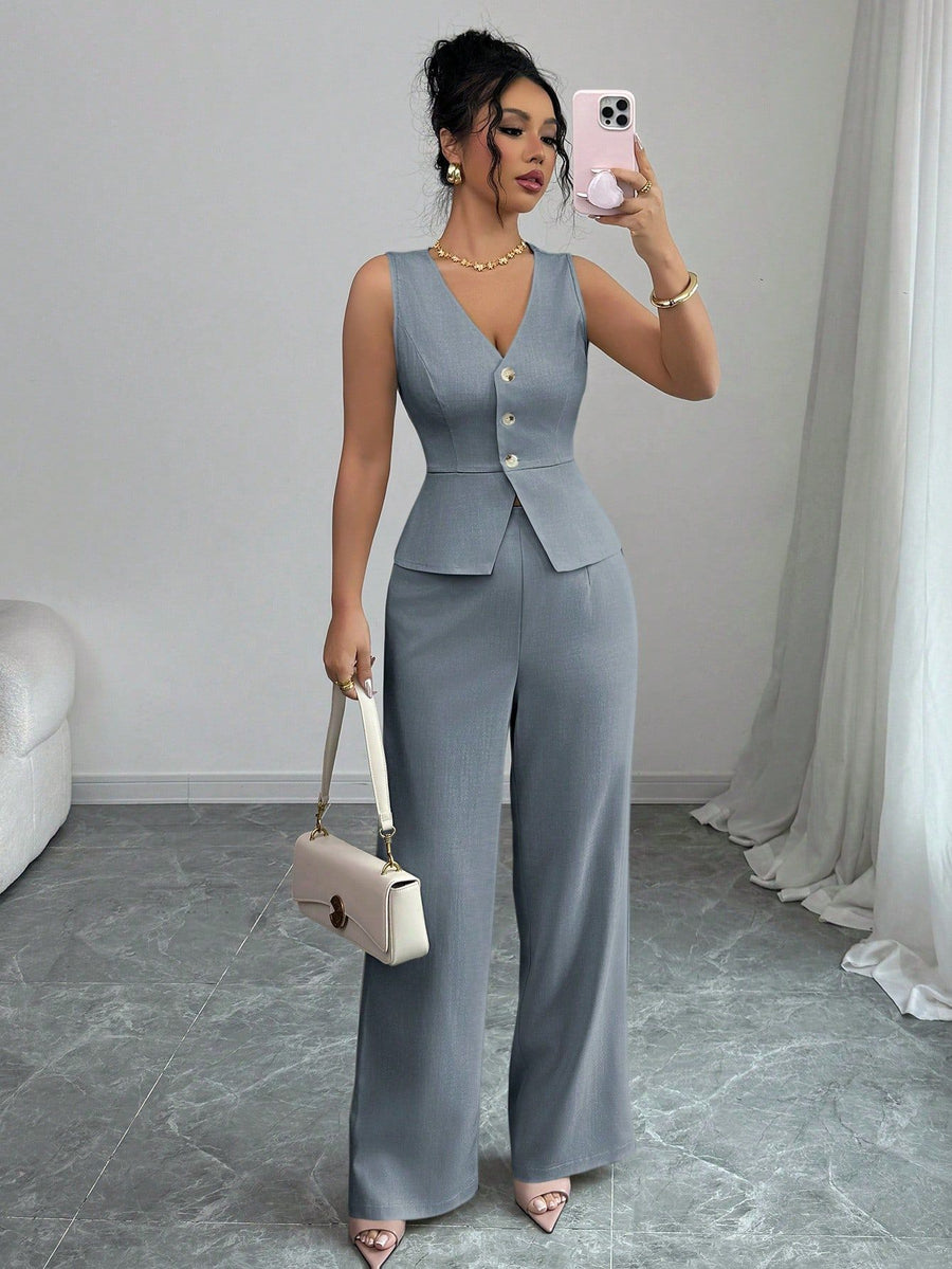Women's Sleeveless Vest and High-Waisted Pants Set