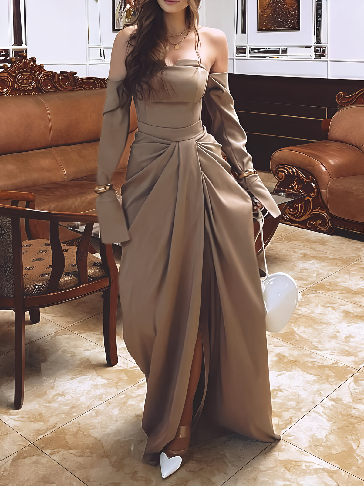 Draped Satin Off-Shoulder Maxi Dress