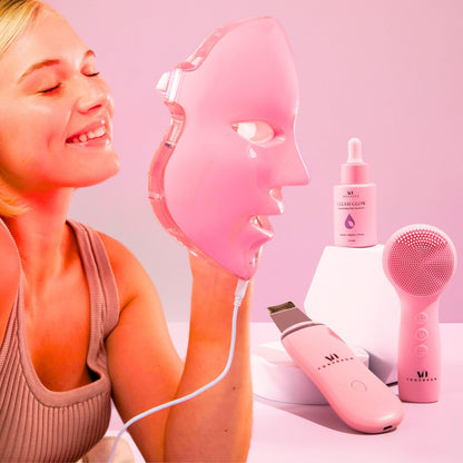 LED Face Mask Light Therapy Premium Valentines Gift Spa Kit (4 Pcs) - With Ultrasonic Scrubber Sonic Brush & Green Tea Serum - 7 Colors (Blue & Red) - Valentine Gifts for Women Galentines Day Gifts