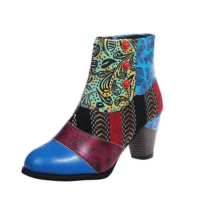 Bohemian Women's Ethnic Style Retro Stitching High-heeled Ankle Boots