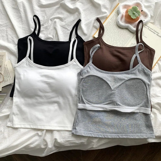 1PC Korean Women's Solid Color Spaghetti Straps Sleeveless Slim Camisole With Chest Pad — ENIGMAE 4K
