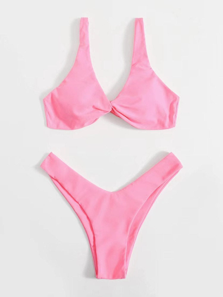 Solid Color Knotted Strap Bikini Swimsuit