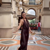 Mocha Satin Halter Maxi Dress