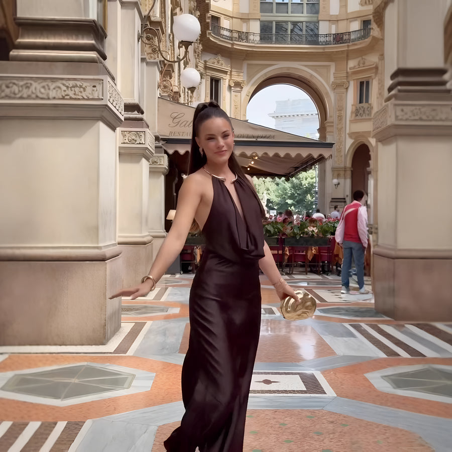 Mocha Satin Halter Maxi Dress