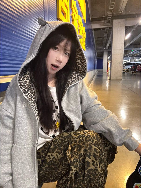 Leopard Hooded Cropped Cardigan Jacket