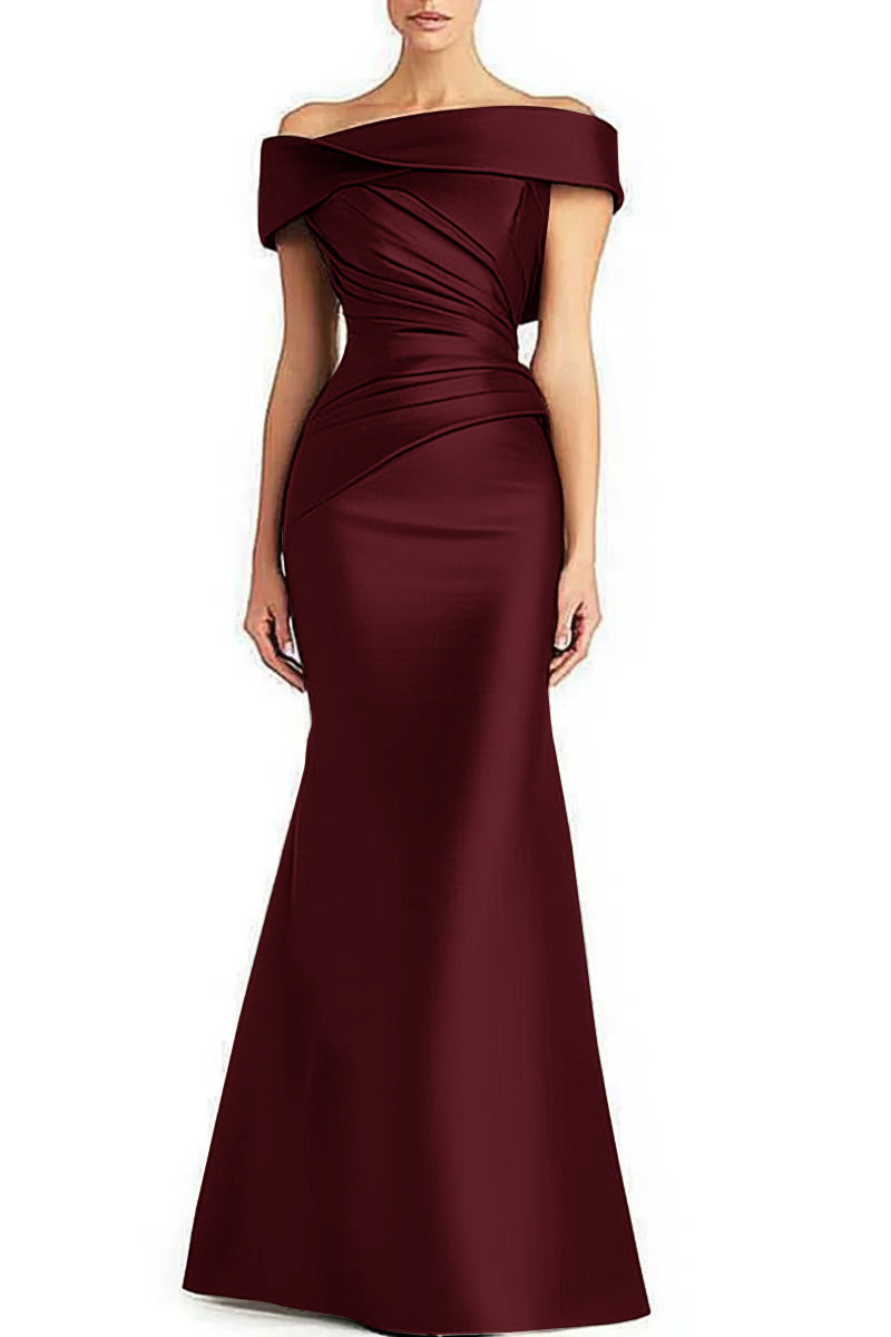 Evening Formal Dress Pleated Off-shoulder Elegant Maxi Dress Mother Of The Bride Dress — Wine Red