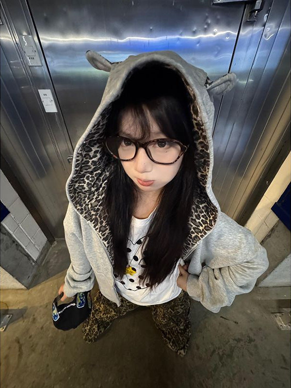 Leopard Hooded Cropped Cardigan Jacket