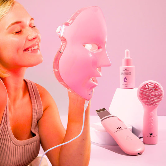 LED Face Mask Light Therapy Premium Valentines Gift Spa Kit (4 Pcs) - With Ultrasonic Scrubber Sonic Brush & Green Tea Serum - 7 Colors (Blue & Red) - Valentine Gifts for Women Galentines Day Gifts