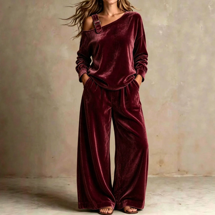Off-shoulder Suit Women's Velvet Casual Two-Piece Set  Soft Comfortable Outfit Daily Clothing
